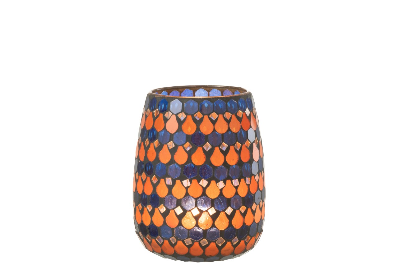 Mosaik Windlicht Orange-Blau gross Ø 12,5 cm Höhe 16 cm